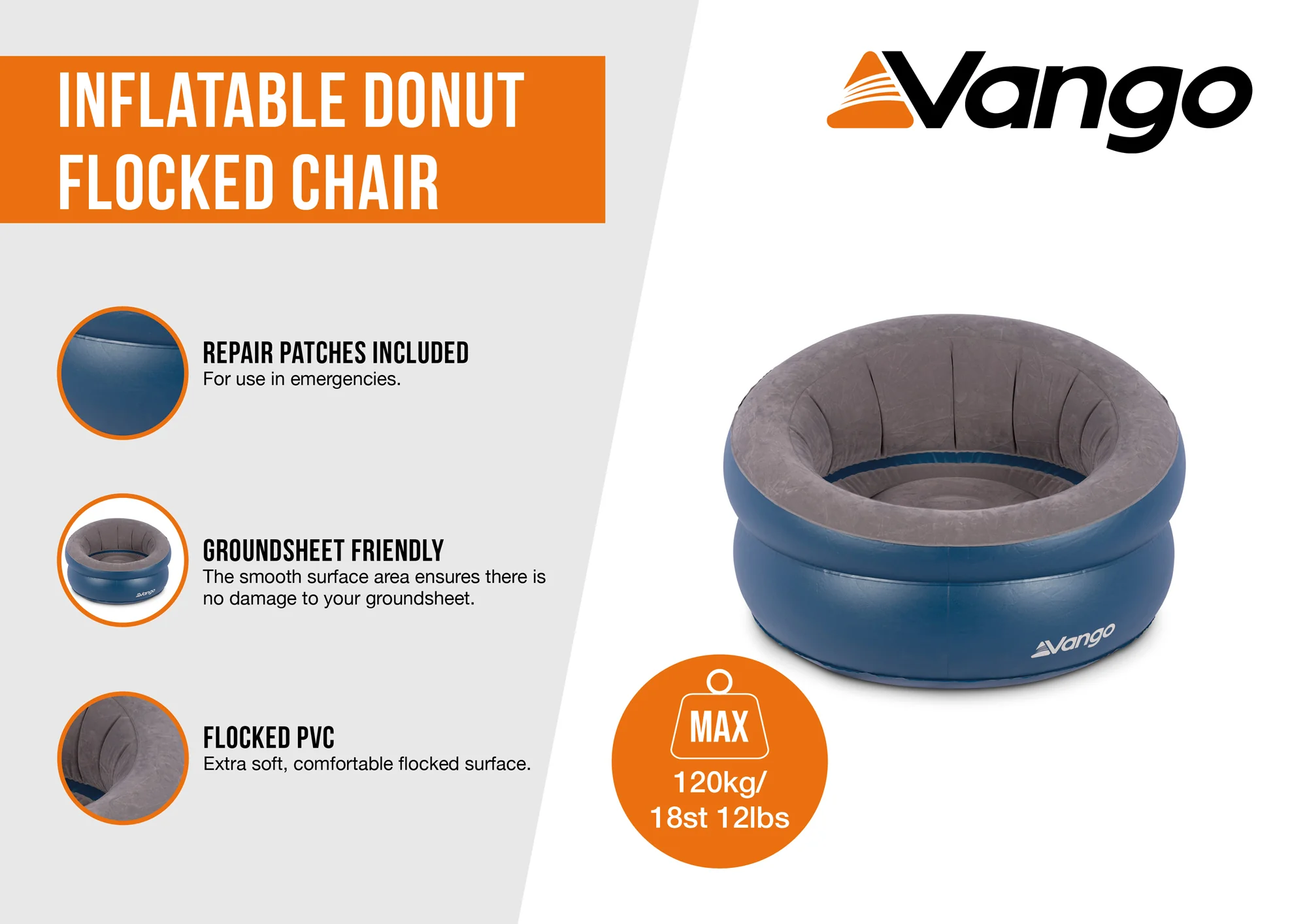 Vango Inflatable Donut Flocked Chair - Dark Blue - Image 4