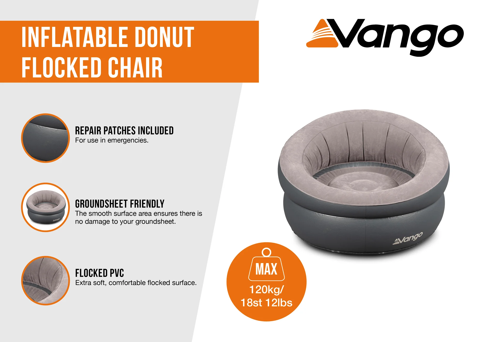Vango Inflatable Donut Flocked Chair - Dark Grey - Image 4