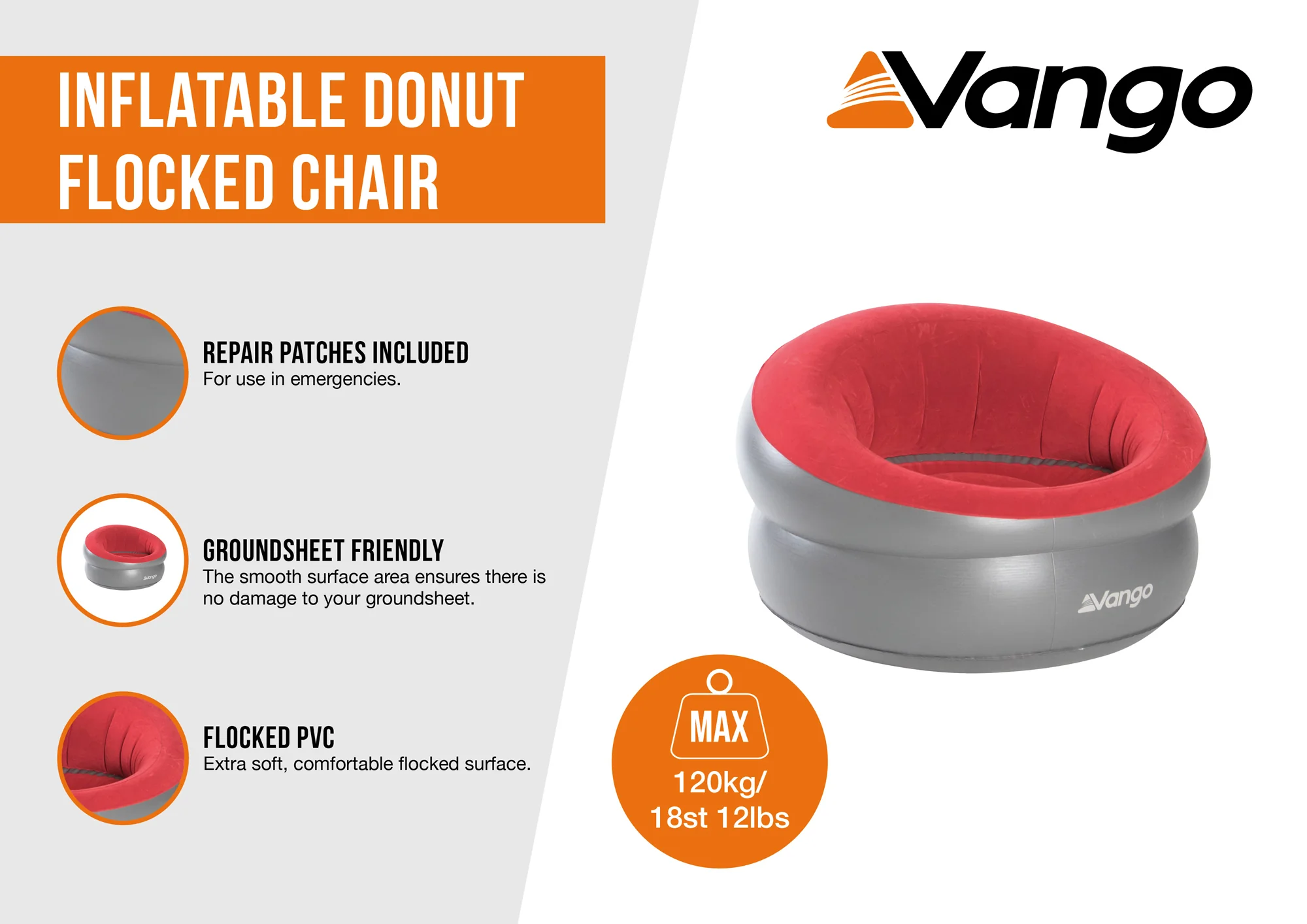 Vango Inflatable Donut Flocked Chair - Red - Image 4