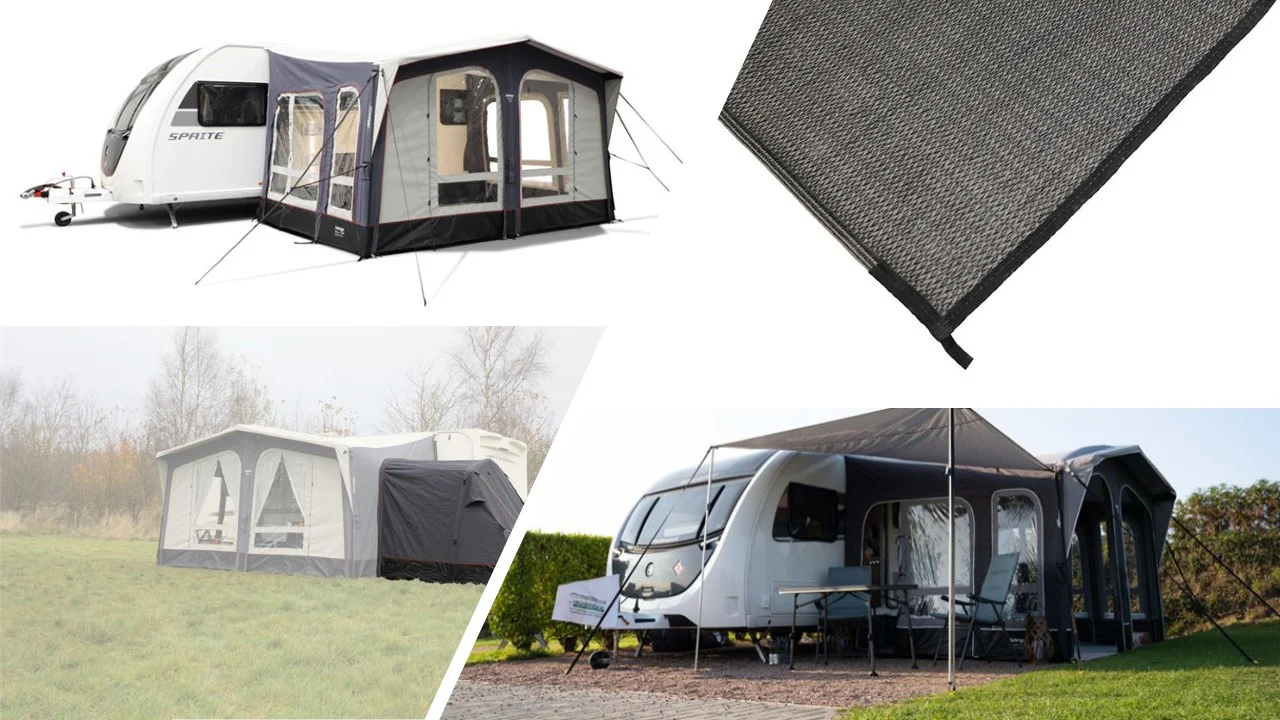 Vango Riviera Air Awning 390 Elements TC Package With Free Tall Annex Elements TC - Riviera, Caravan Awning Side Canopy and CP225 - Breathable Fitted Carpet - Riviera 390