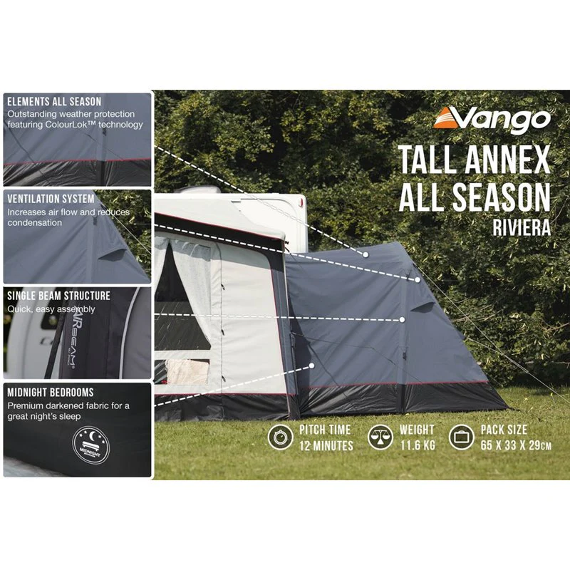 Vango Riviera Air Awning 390 Elements TC Package With Free Tall Annex Elements TC - Riviera, Caravan Awning Side Canopy and CP225 - Breathable Fitted Carpet - Riviera 390 - Image 14