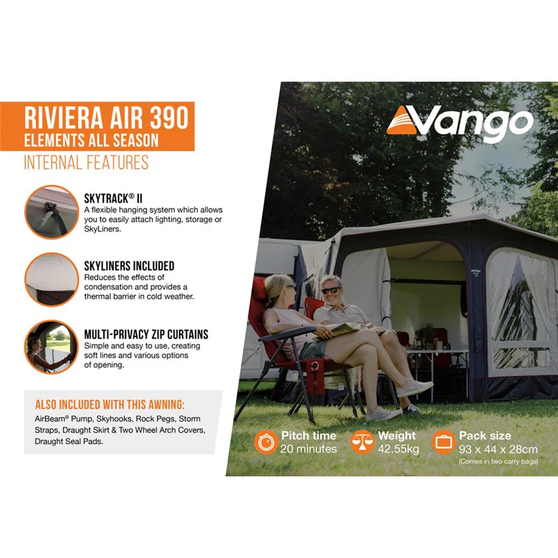 Vango Riviera Air Awning 390 Elements TC Package With Free Tall Annex Elements TC - Riviera, Caravan Awning Side Canopy and CP225 - Breathable Fitted Carpet - Riviera 390 - Image 4