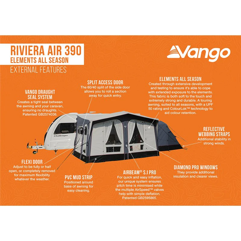 Vango Riviera Air Awning 390 Elements TC Package With Free Tall Annex Elements TC - Riviera, Caravan Awning Side Canopy and CP225 - Breathable Fitted Carpet - Riviera 390 - Image 6